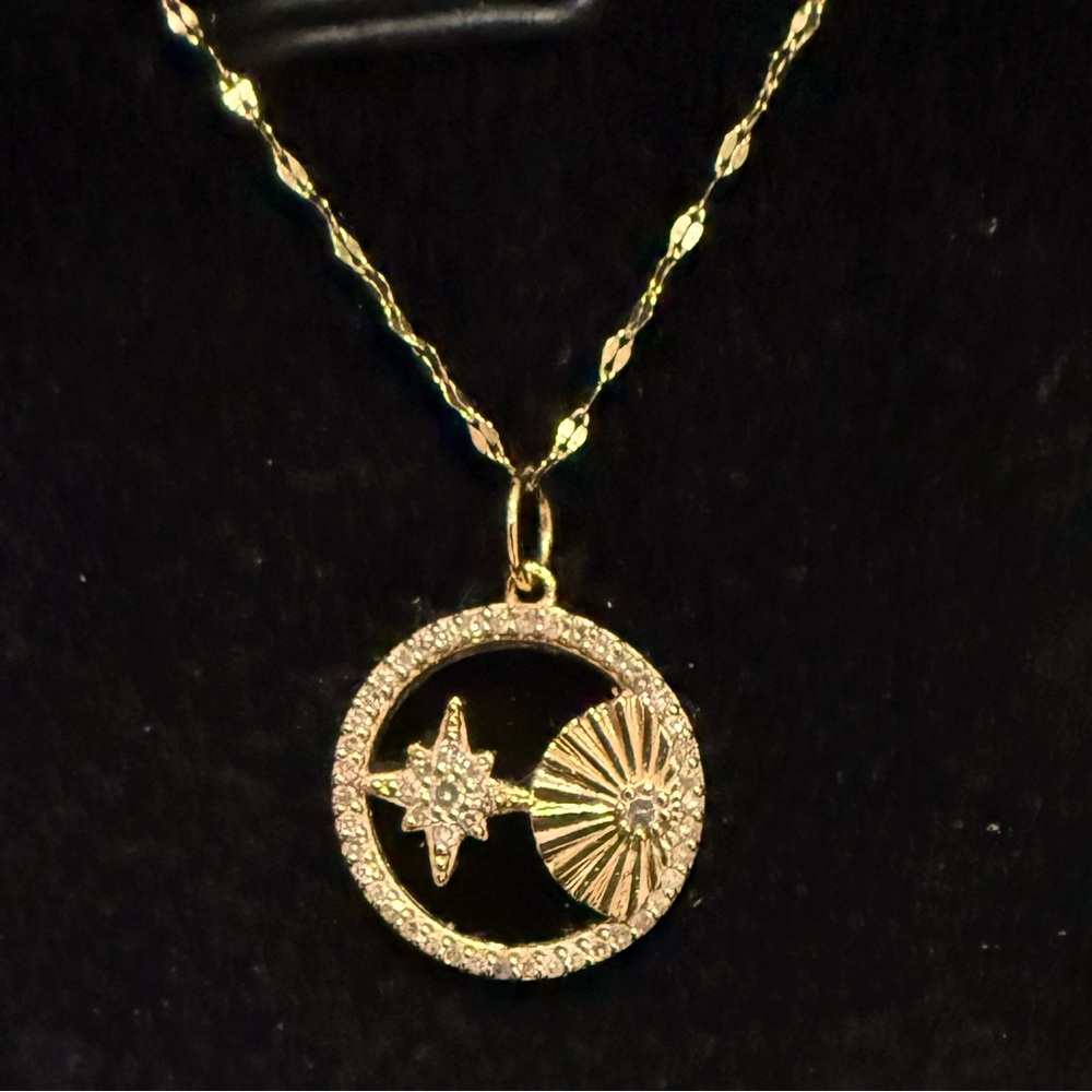 GEMOLIO 14kt Diamond and Onyx Star and Sun Necklace w/18” Chain